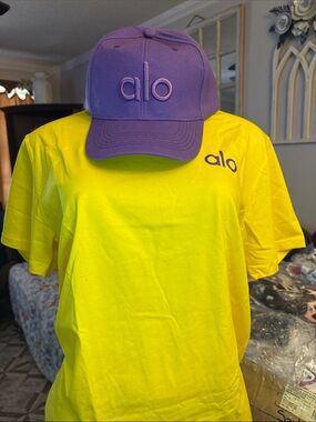 ALO Yoga Bright Yellow Tee with Purple Logo
